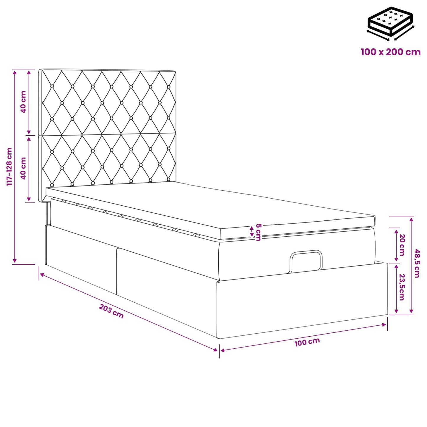 Ottoman-Bett mit Matratze und LED Hellgrau 100 x 200 cm Samt