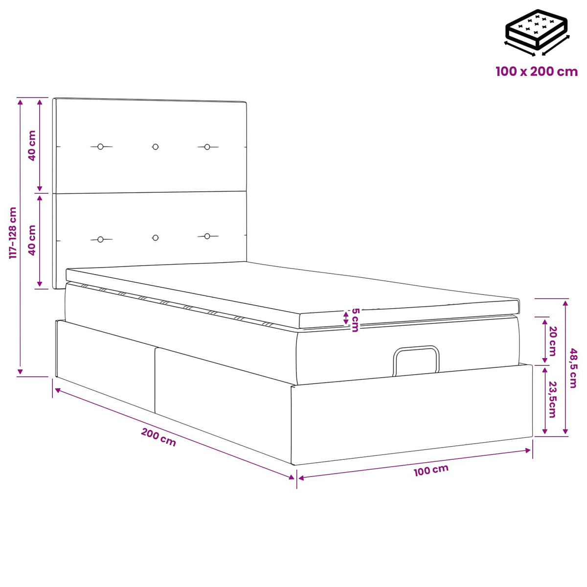 Ottoman-Bett mit Matratze und LED Dunkelblau 100 x 200 cm Samt
