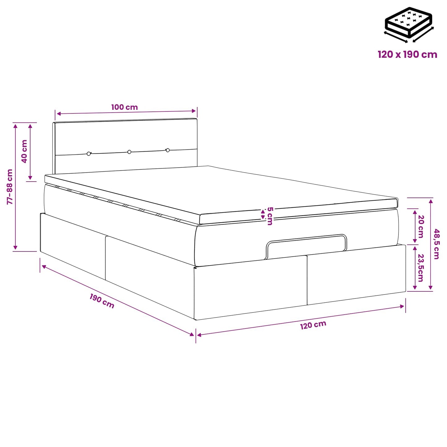 Ottoman-Bett mit Matratze und LED Dunkelgrau 120 x 190 cm Samt