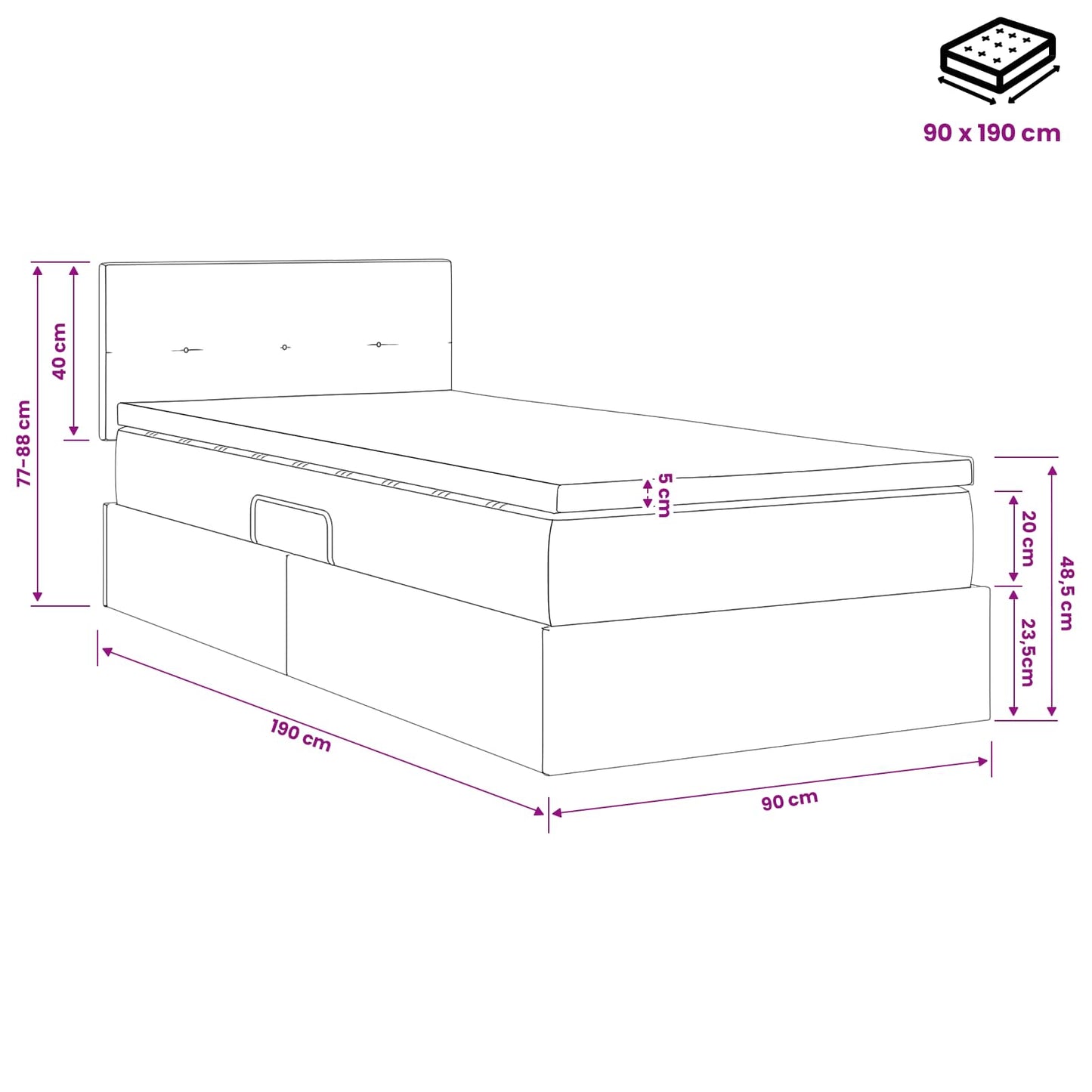 Aufbewahrungsbett mit Matratze Schwarz 90 x 190 cm Samt