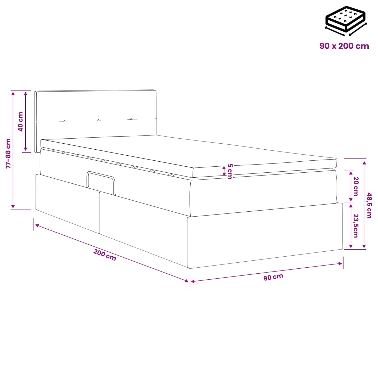 LED-Speicherbett mit Matratze Schwarz 90 x 200 cm Stoff