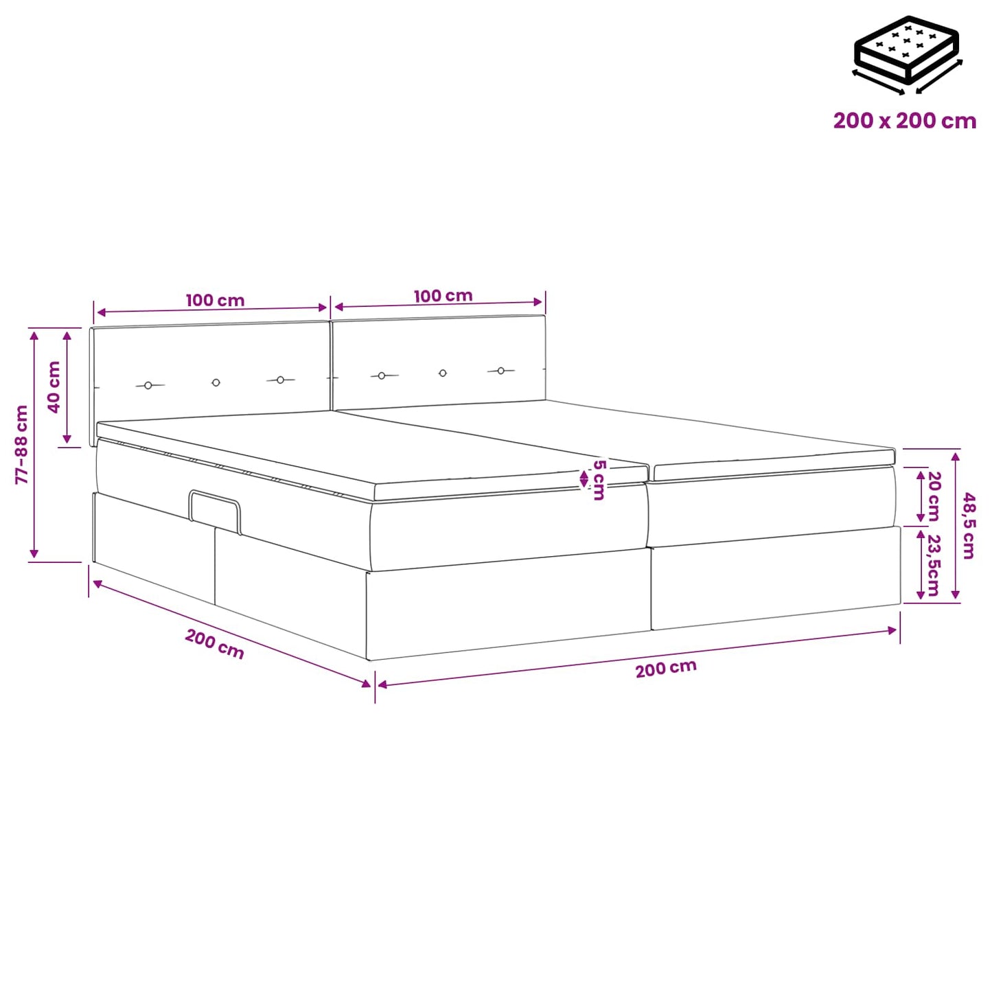 LED-Speicherbett mit Matratze Schwarz 200 x 200 cm Stoff