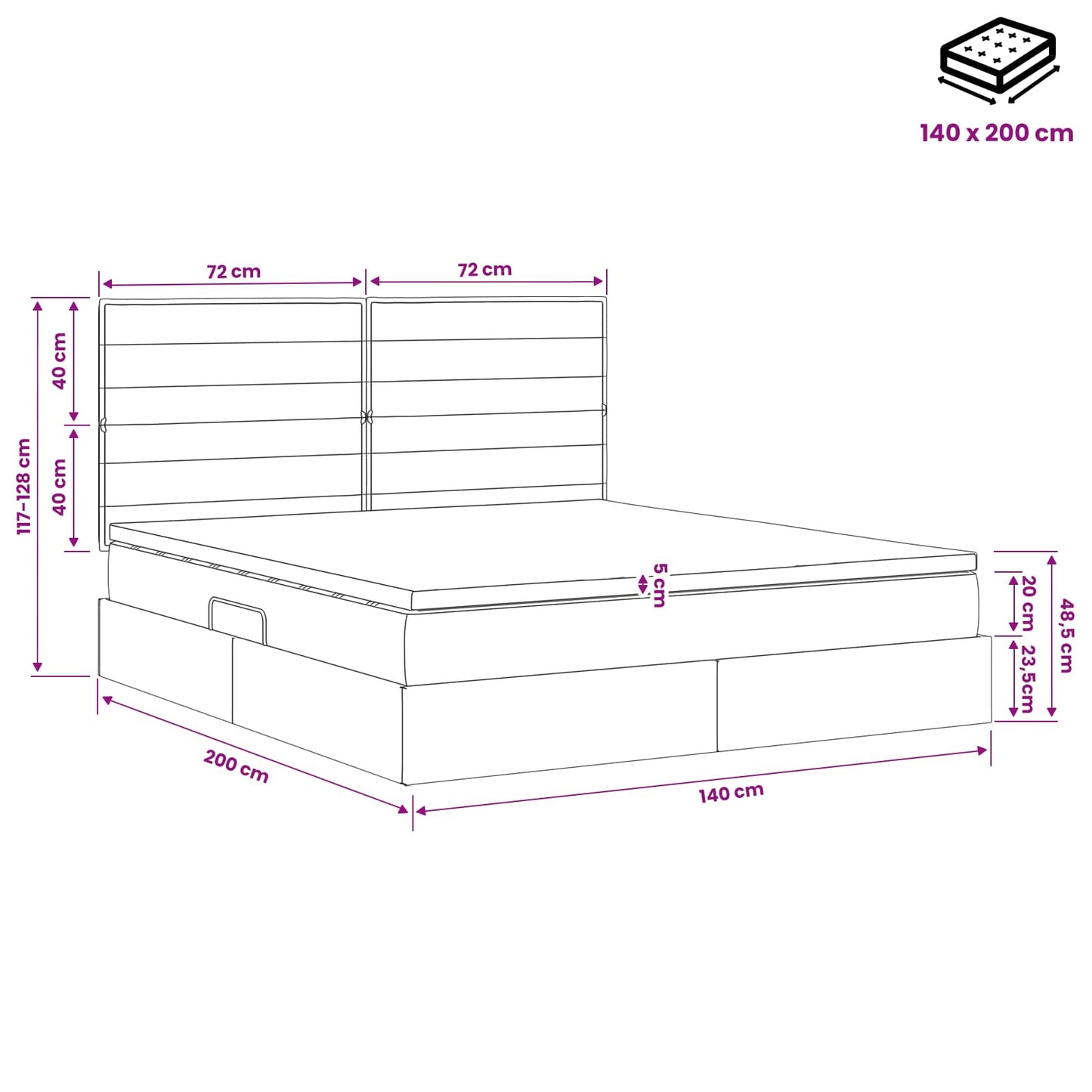 Aufbewahrungsbett mit Matratze Dunkelgrau 140 x 200 cm Stoff