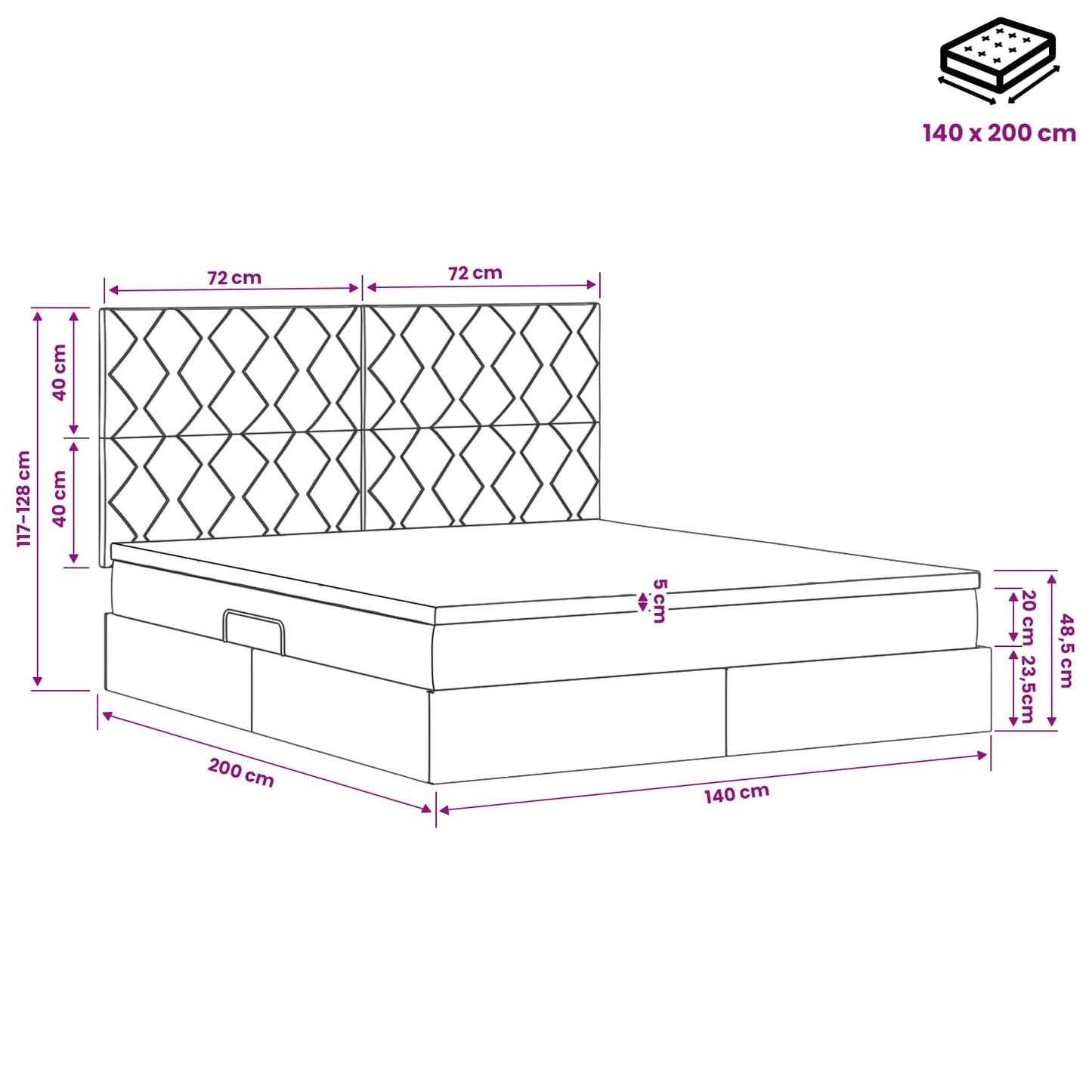 Aufbewahrungsbett mit Matratze Dunkelgrau 140 x 200 cm Stoff