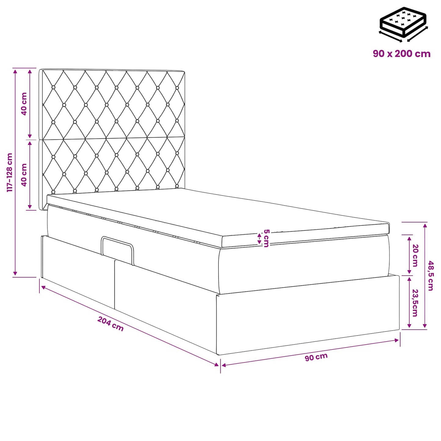 LED-Speicherbett mit Matratze Hellgrau 90 x 200 cm Samt