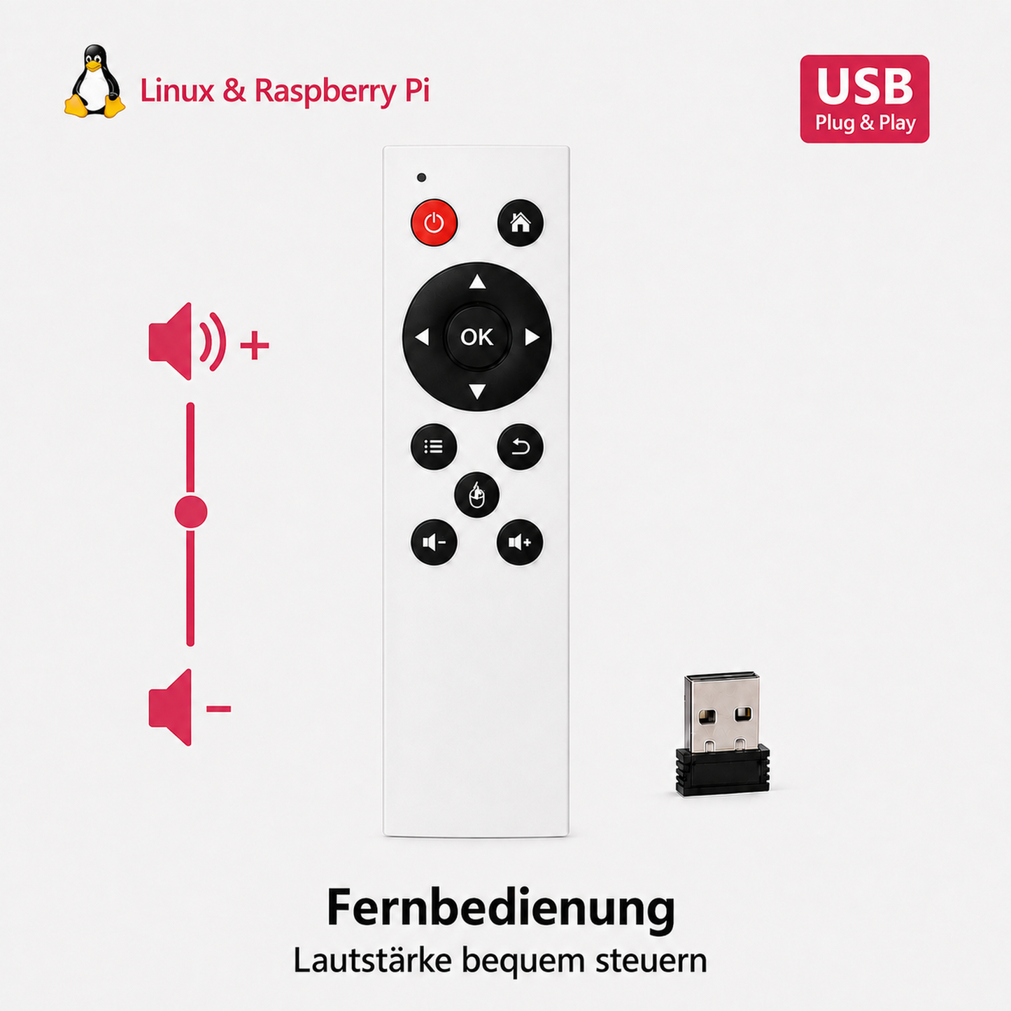 Weisse USB-Fernbedienung für Linux und Raspberry Pi mit Lautstärkeregelung und USB-Empfänger