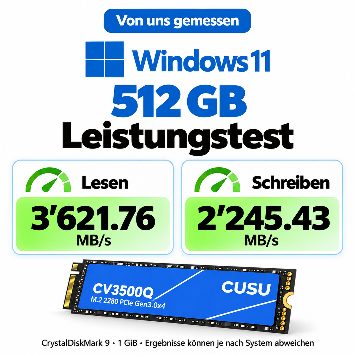 Eigener CrystalDiskMark-Test der CUSU CV3500Q 512-GB-SSD mit bis zu 3621,76 MB/s Lesen und 2245,43 MB/s Schreiben