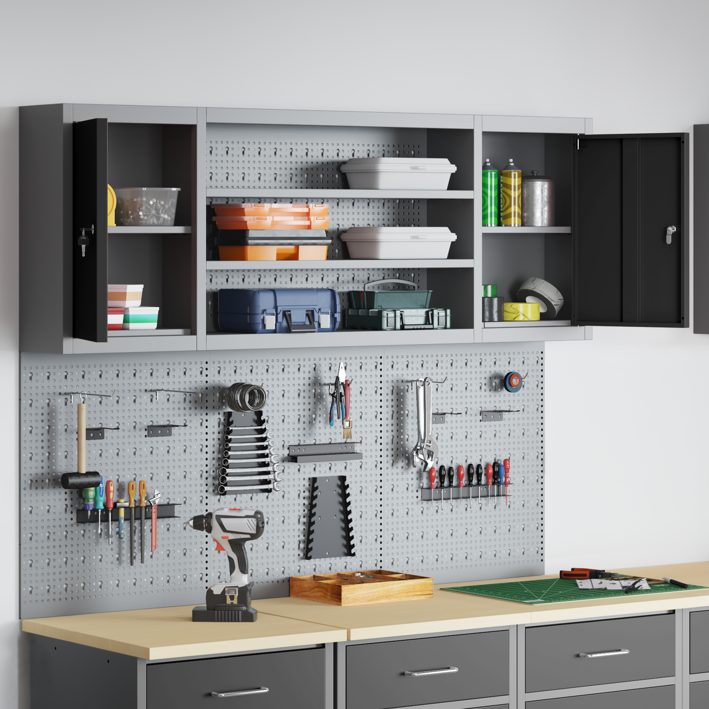 Werkzeugschrank und Pegboard Set mit Regal 6 pcs Schwarz