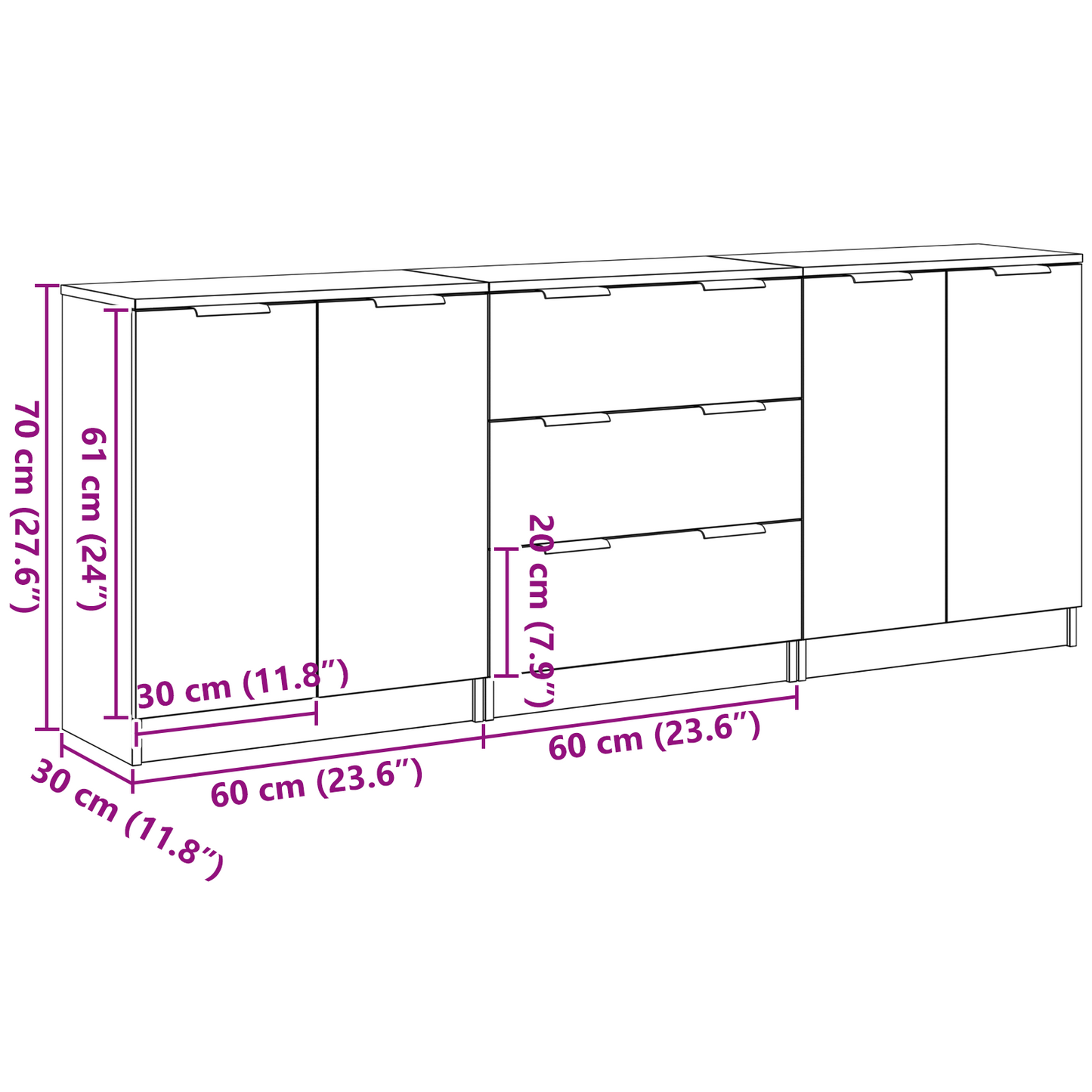 Sideboard 3 pcs Schwarz Eichen-Optik 180 x 30 x 70 cm
