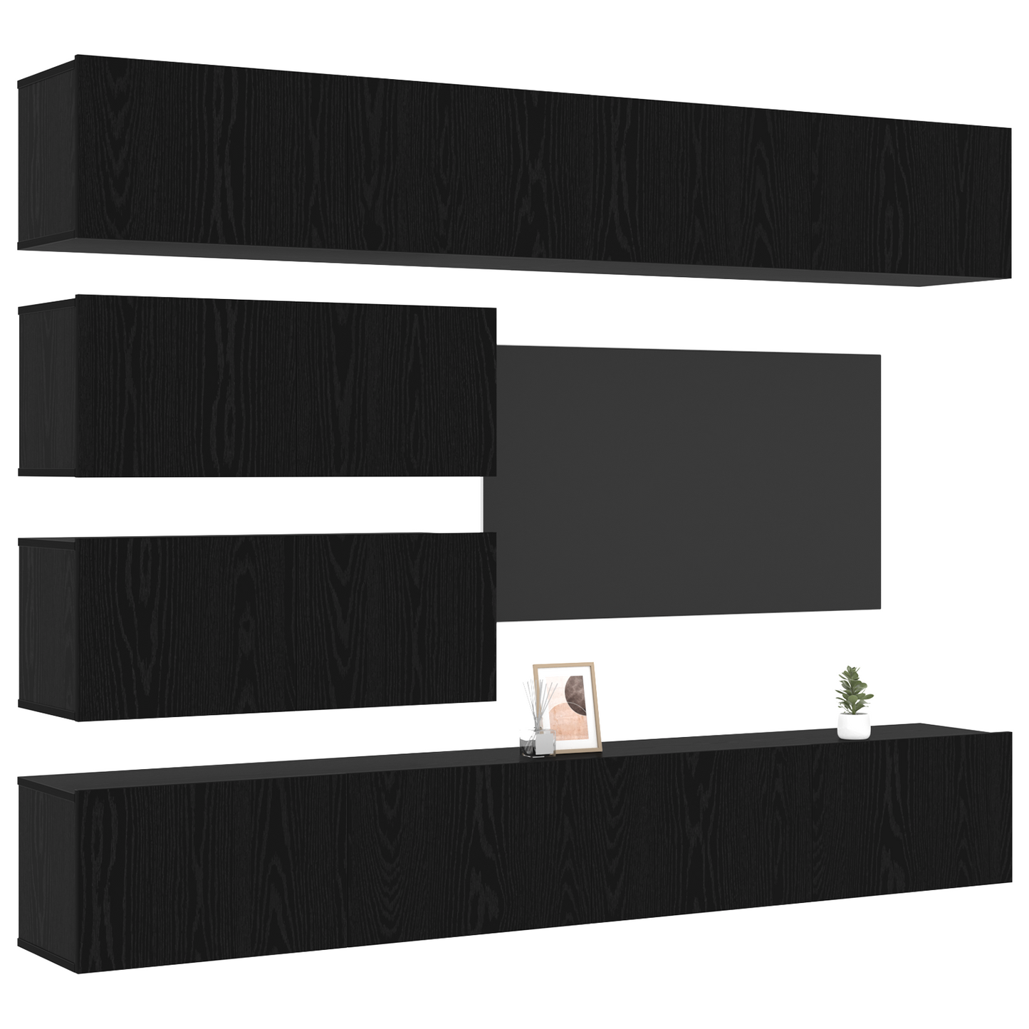 10-teiliges TV Schrank Set - Wandmontiertes schwarzes Eichenholz