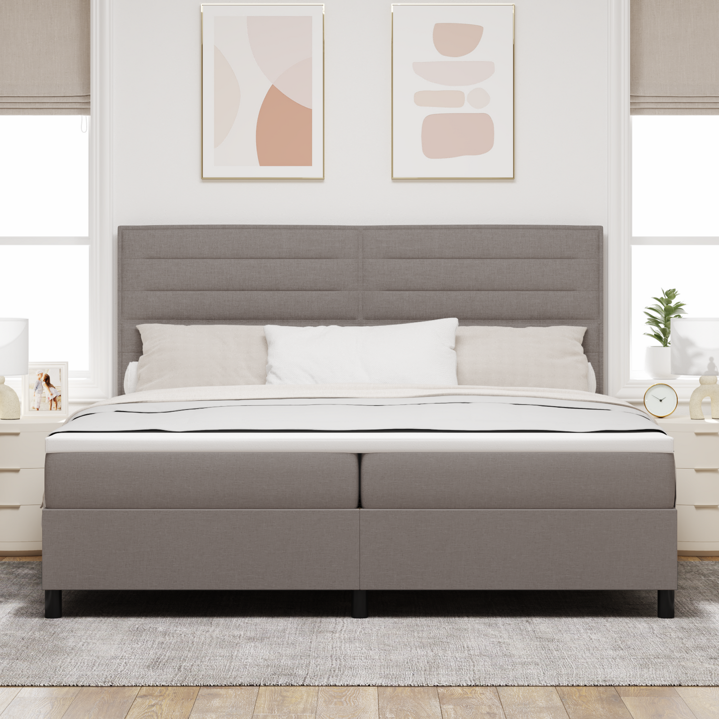 Taupe Boxspringbett mit Matratze 200x200 cm Stoff