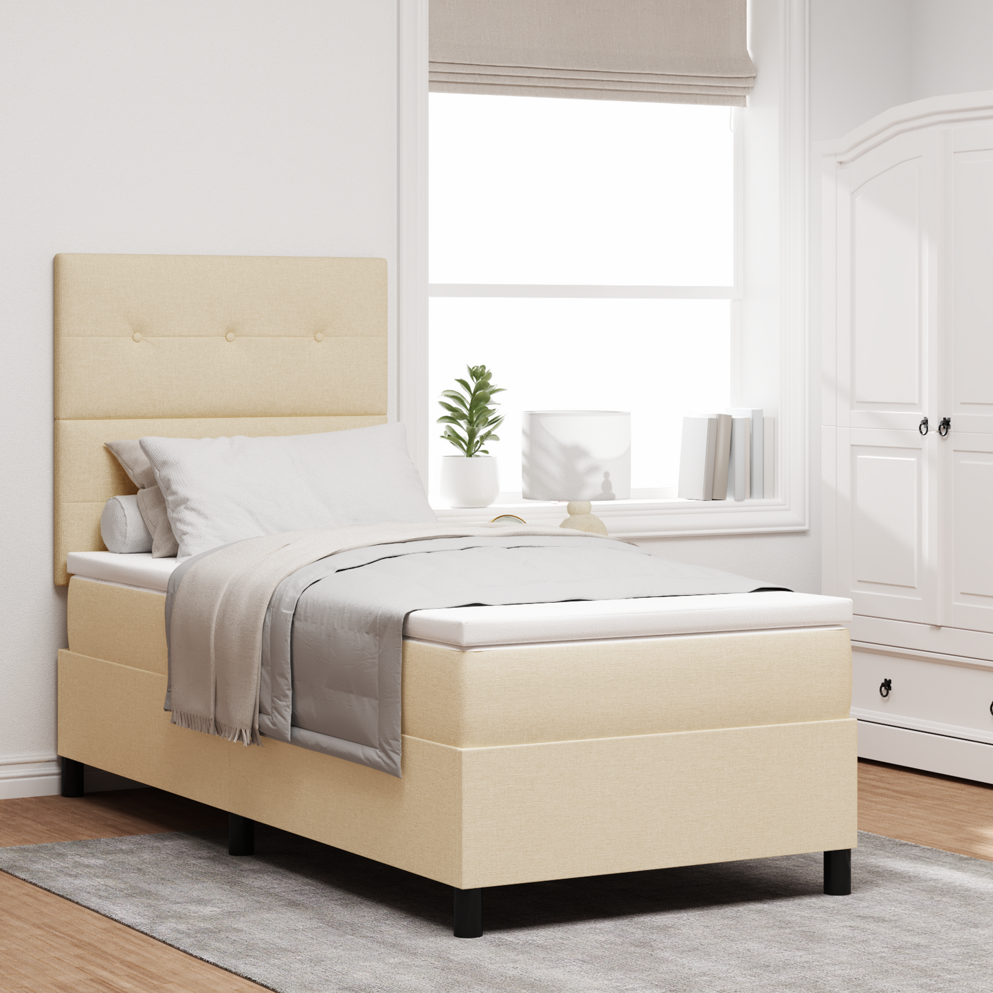 Cremefarbenes Boxspringbett mit Matratze 80x200 cm Stoff