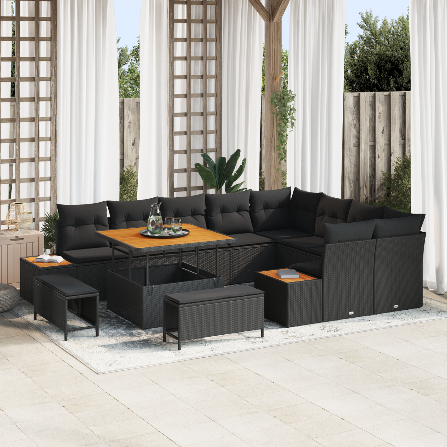 Garten-Sofa-Set mit 12 Teilen und Kissen Schwarz Poly-Rattan Akazie