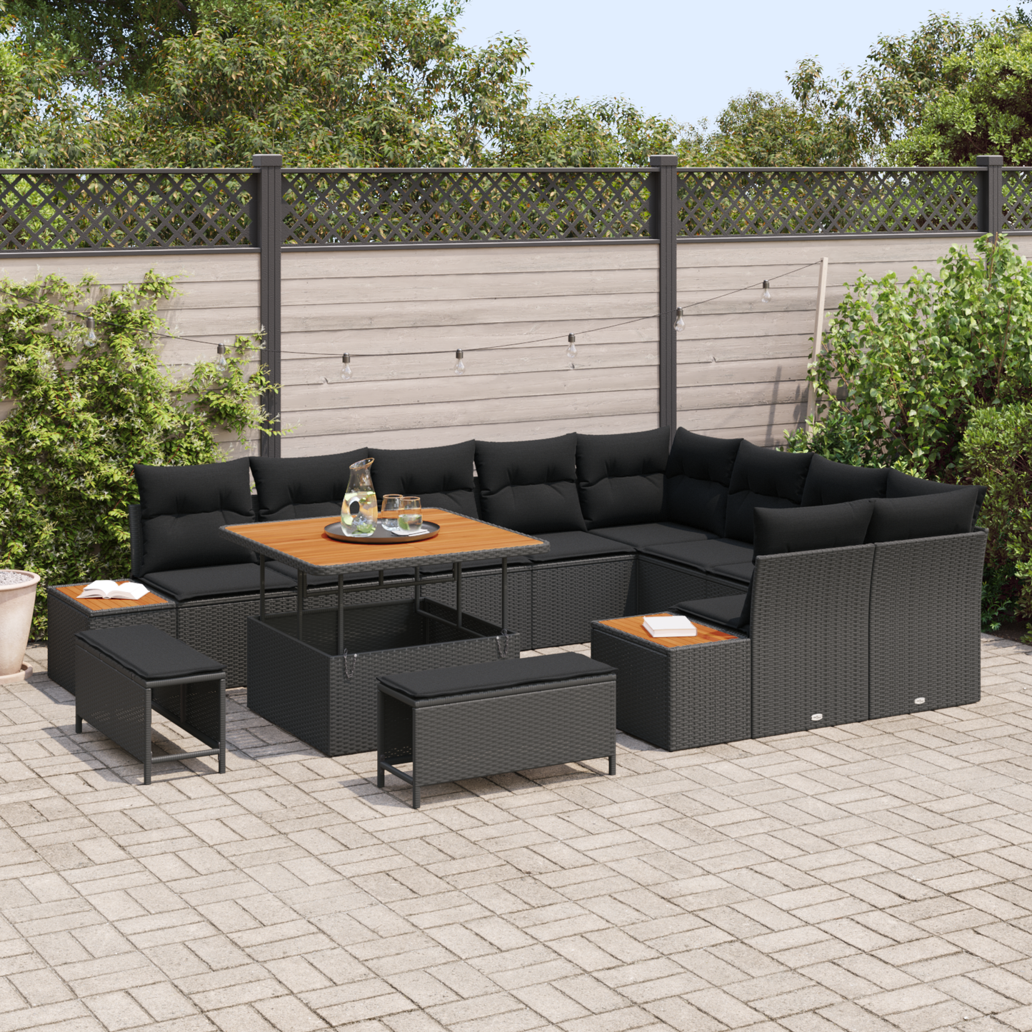 Garten-Sofa-Set mit 12 Teilen und Kissen Schwarz Poly-Rattan Akazie