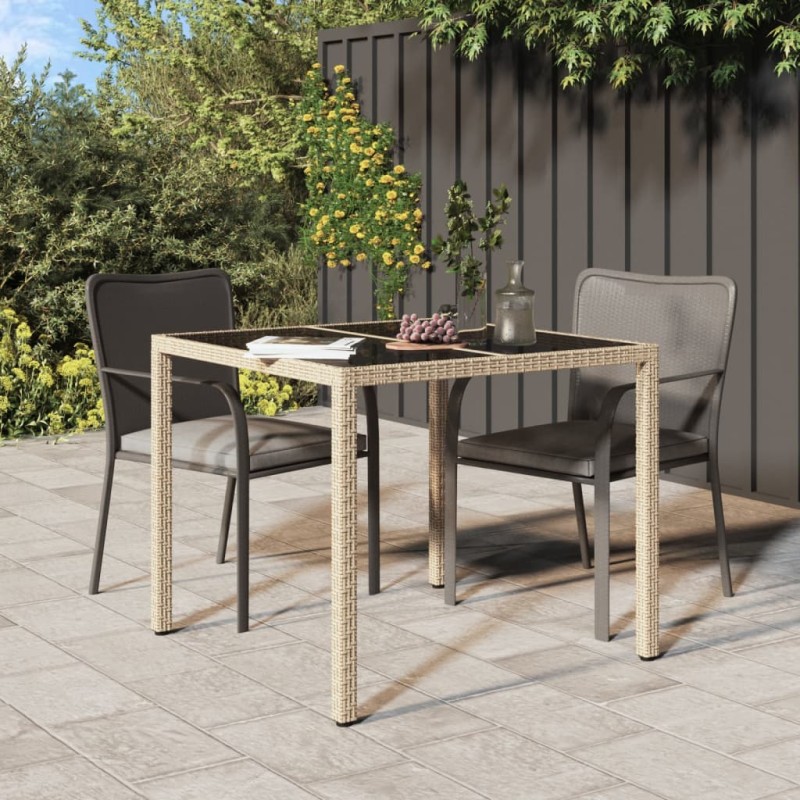 Gartentisch 90x90x75 cm Gehärtetes Glas Poly Rattan Beige