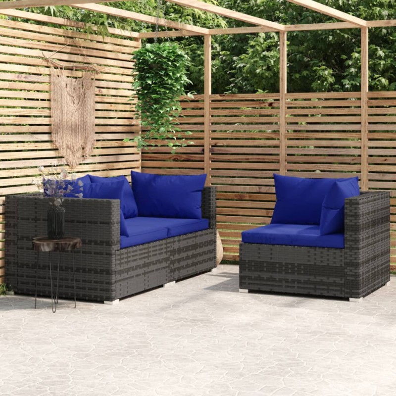 3-tlg. Garten-Lounge-Set mit Kissen Grau Poly Rattan