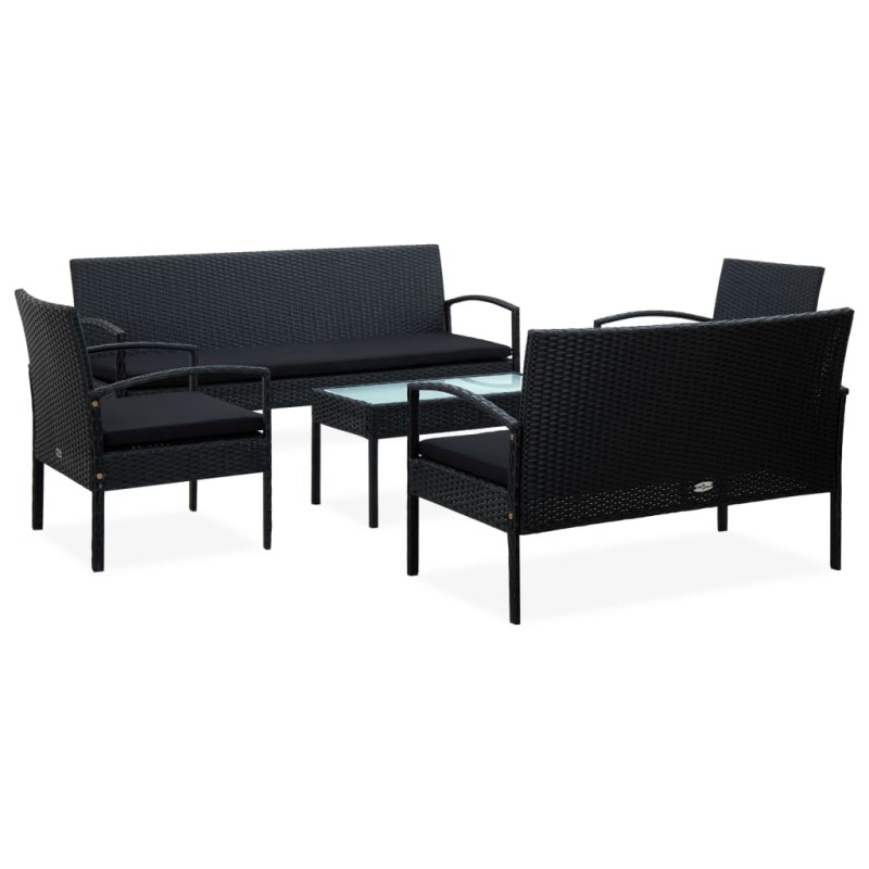 5-tlg. Garten-Lounge-Set mit Auflagen Poly Rattan Schwarz