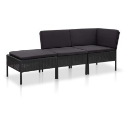 3-tlg. Garten-Lounge-Set mit Auflagen Poly Rattan Schwarz