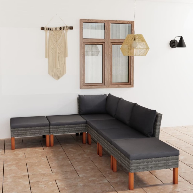 6-tlg. Garten-Lounge-Set mit Kissen Poly Rattan Grau