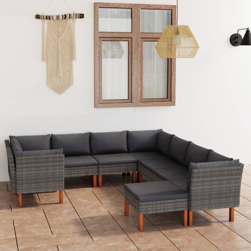 9-tlg. Garten-Lounge-Set mit Kissen Poly Rattan Grau