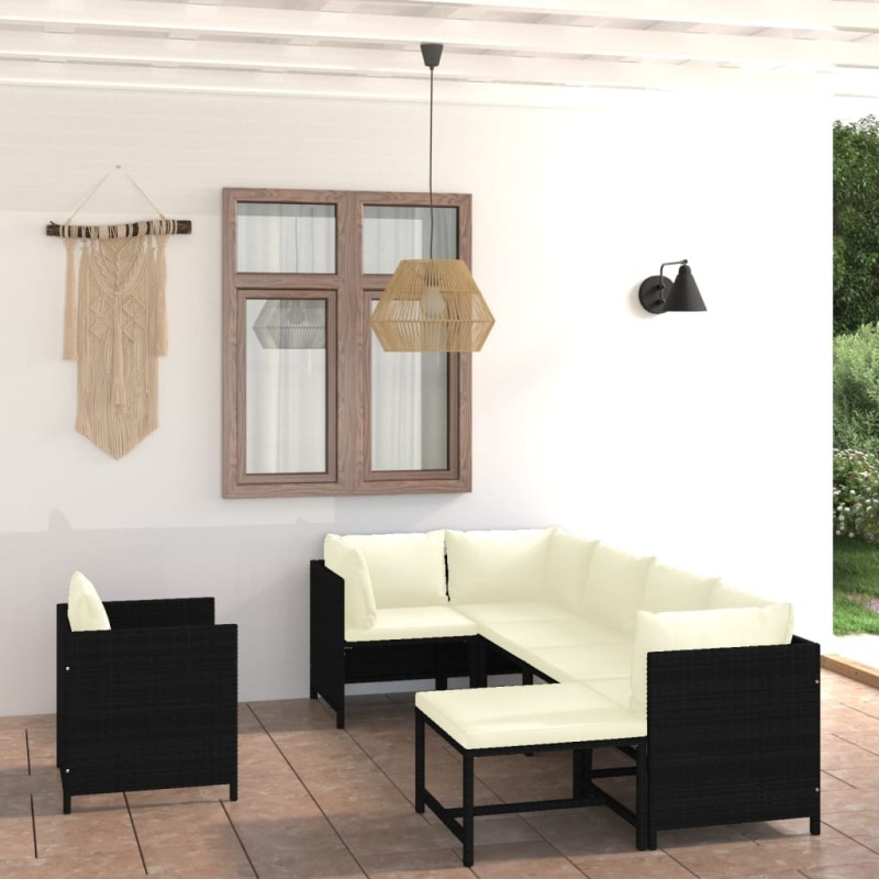 7-tlg. Garten-Lounge-Set mit Kissen Poly Rattan Schwarz