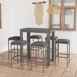 7-tlg. Gartenbar-Set mit Kissen Poly Rattan Grau