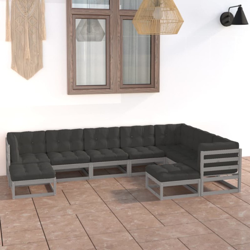 9-tlg. Garten-Lounge-Set mit Kissen Grau Massivholz Kiefer