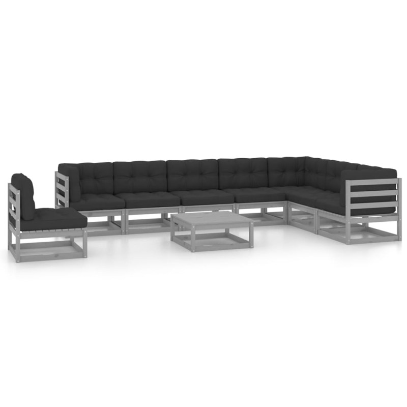 9-tlg. Garten-Lounge-Set mit Kissen Grau Massivholz Kiefer