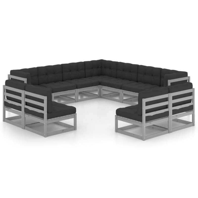 11-tlg. Garten-Lounge-Set mit Kissen Grau Kiefer Massivholz