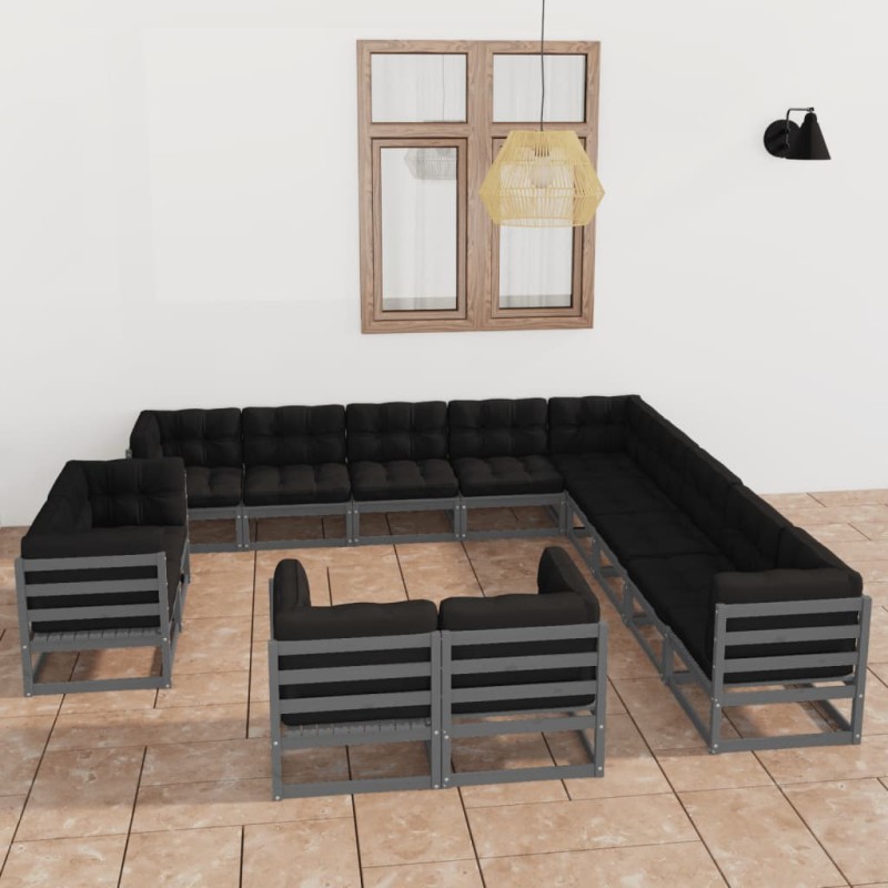 13-tlg. Garten-Lounge-Set mit Kissen Grau Massivholz Kiefer