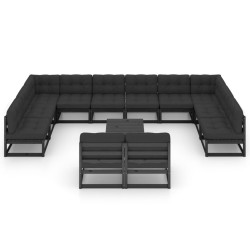 13-tlg. Garten-Lounge-Set mit Kissen Schwarz Massivholz Kiefer