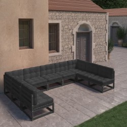 9-tlg. Garten-Lounge-Set mit Kissen Schwarz Massivholz Kiefer