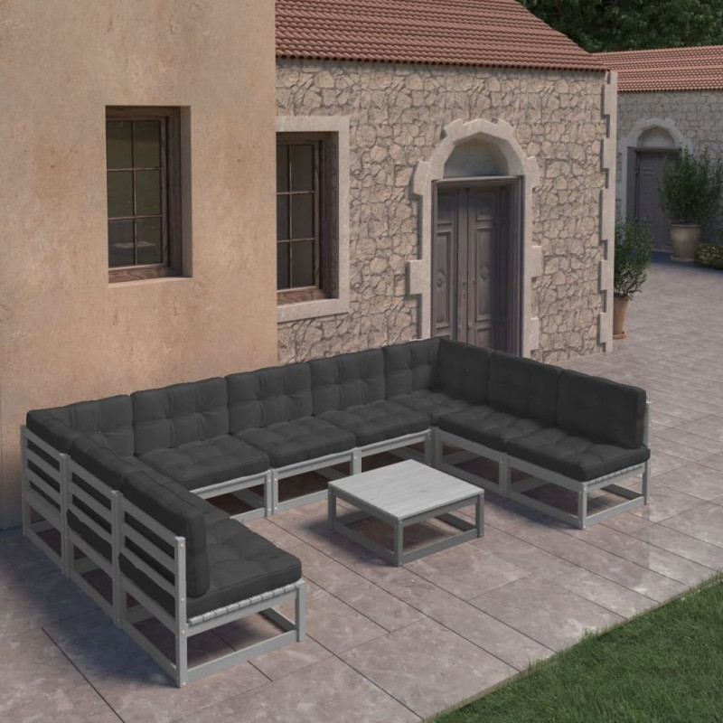 10-tlg. Garten-Lounge-Set mit Kissen Grau Massivholz Kiefer