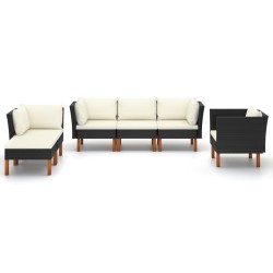 6-tlg. Garten-Lounge-Set Poly Rattan Eukalyptusholz Schwarz