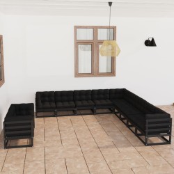 11-tlg. Garten-Lounge-Set mit Kissen Schwarz Kiefer Massivholz