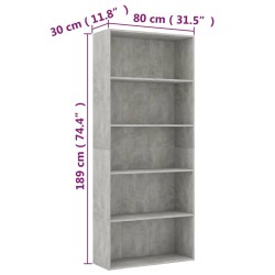 Bücherregal 5 Fächer Betongrau 80x30x189 cm Holzwerkstoff