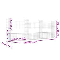 Gabionenkorb U-Form mit 4 Säulen Eisen 380x20x150 cm