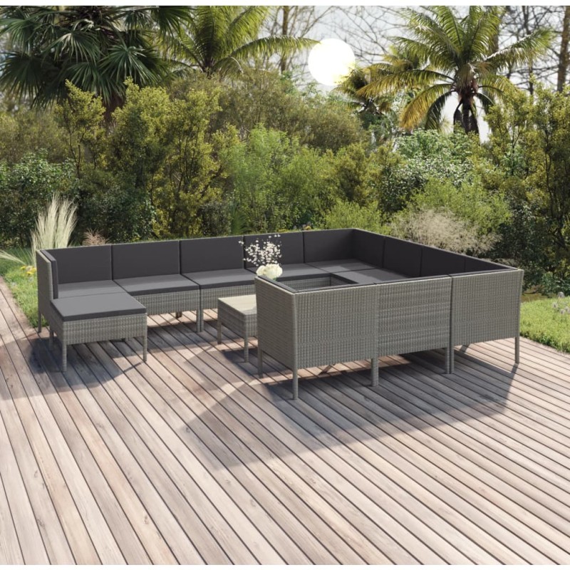 12-tlg. Garten-Lounge-Set mit Auflagen Poly Rattan Grau