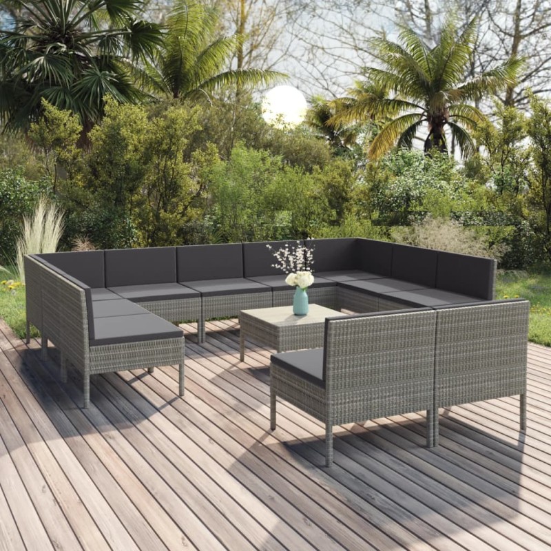 12-tlg. Garten-Lounge-Set mit Auflagen Poly Rattan Grau