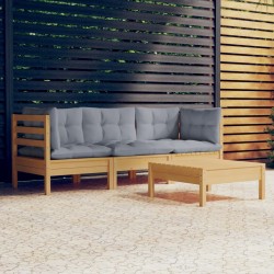 4-tlg. Garten-Lounge-Set mit Grauen Kissen Kiefernholz