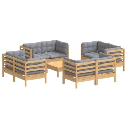 9-tlg. Garten-Lounge-Set mit Grauen Kissen Kiefernholz