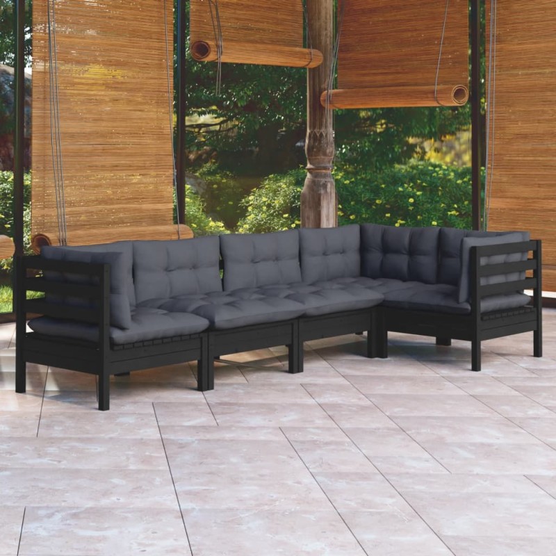 5-tlg. Garten-Lounge-Set mit Kissen Schwarz Kiefernholz