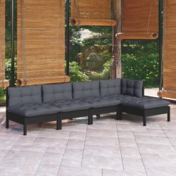 5-tlg. Garten-Lounge-Set mit Kissen Schwarz Kiefernholz