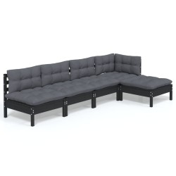 5-tlg. Garten-Lounge-Set mit Kissen Schwarz Kiefernholz