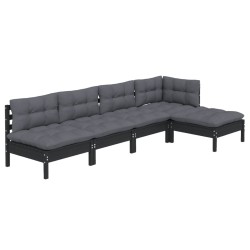 5-tlg. Garten-Lounge-Set mit Kissen Schwarz Kiefernholz