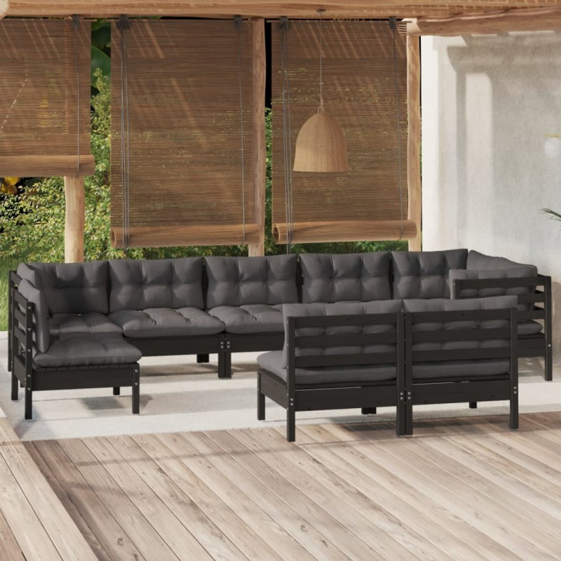 9-tlg. Garten-Lounge-Set mit Kissen Schwarz Massivholz Kiefer