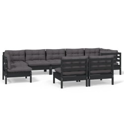 9-tlg. Garten-Lounge-Set mit Kissen Schwarz Massivholz Kiefer