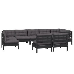 9-tlg. Garten-Lounge-Set mit Kissen Schwarz Massivholz Kiefer