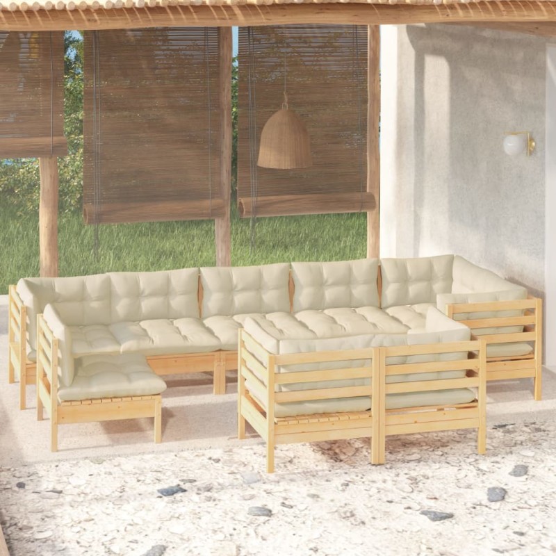 9-tlg. Garten-Lounge-Set mit Creme Kissen Massivholz Kiefer