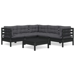 6-tlg. Garten-Lounge-Set mit Kissen Schwarz Massivholz Kiefer